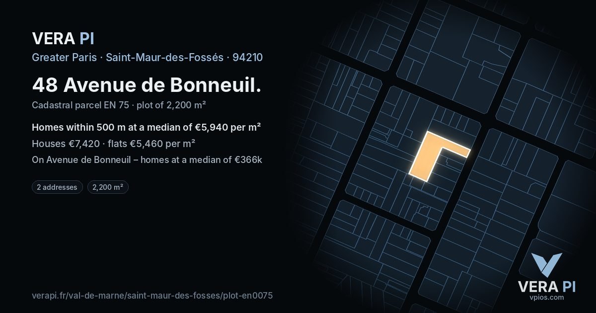 48 Avenue de Bonneuil, Saint-Maur-des-Fossés at night – the plot lit, the parcels around coloured by the prices near them
