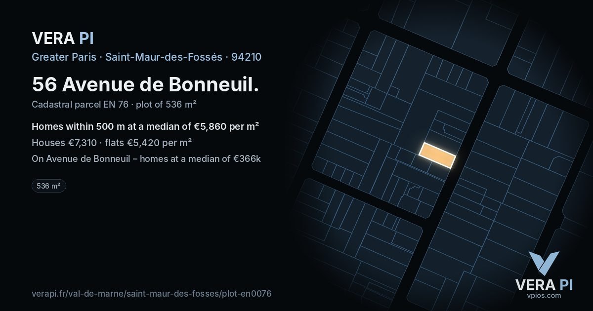 56 Avenue de Bonneuil, Saint-Maur-des-Fossés at night – the plot lit, the parcels around coloured by the prices near them