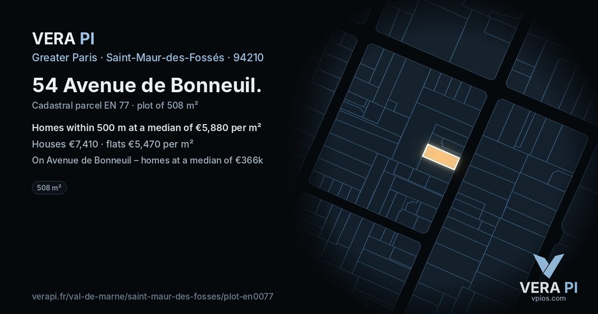 54 Avenue de Bonneuil, Saint-Maur-des-Fossés at night – the plot lit, the parcels around coloured by the prices near them