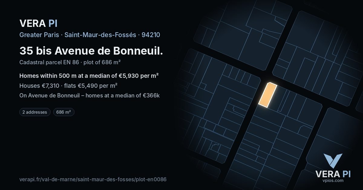 35 bis Avenue de Bonneuil, Saint-Maur-des-Fossés at night – the plot lit, the parcels around coloured by the prices near them