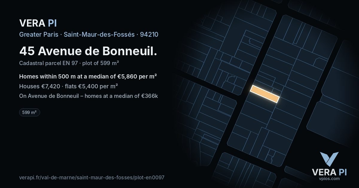 45 Avenue de Bonneuil, Saint-Maur-des-Fossés at night – the plot lit, the parcels around coloured by the prices near them