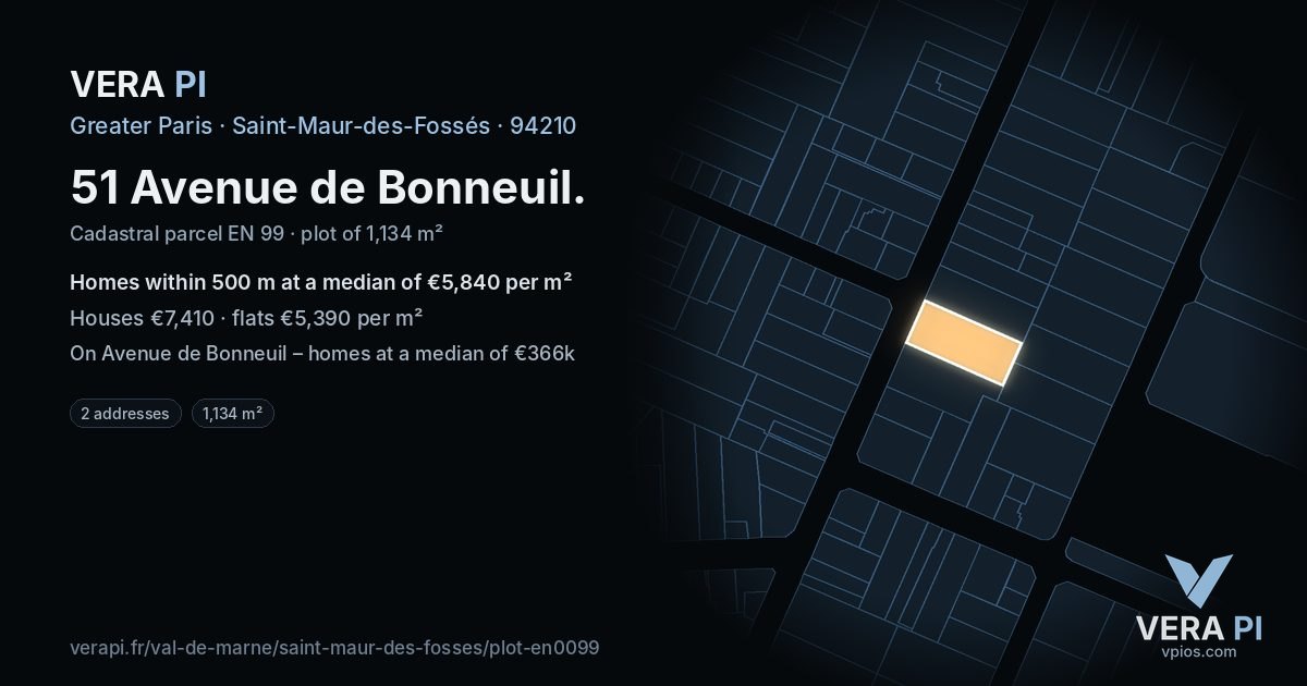 51 Avenue de Bonneuil, Saint-Maur-des-Fossés at night – the plot lit, the parcels around coloured by the prices near them