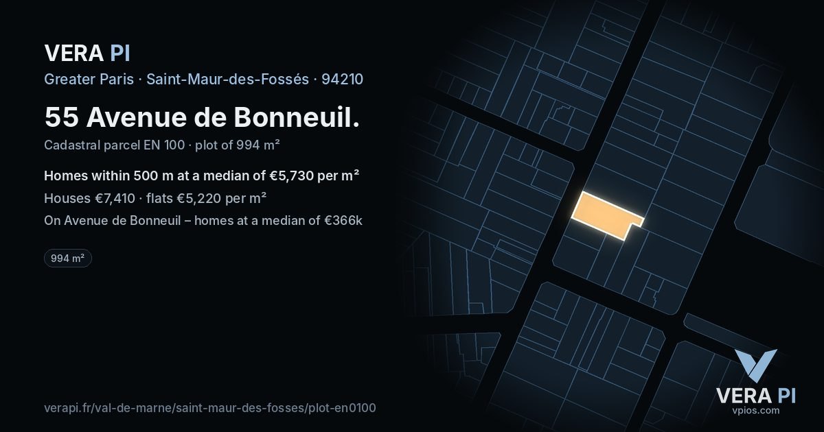 55 Avenue de Bonneuil, Saint-Maur-des-Fossés at night – the plot lit, the parcels around coloured by the prices near them