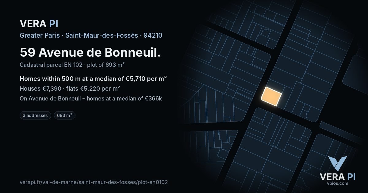 59 Avenue de Bonneuil, Saint-Maur-des-Fossés at night – the plot lit, the parcels around coloured by the prices near them