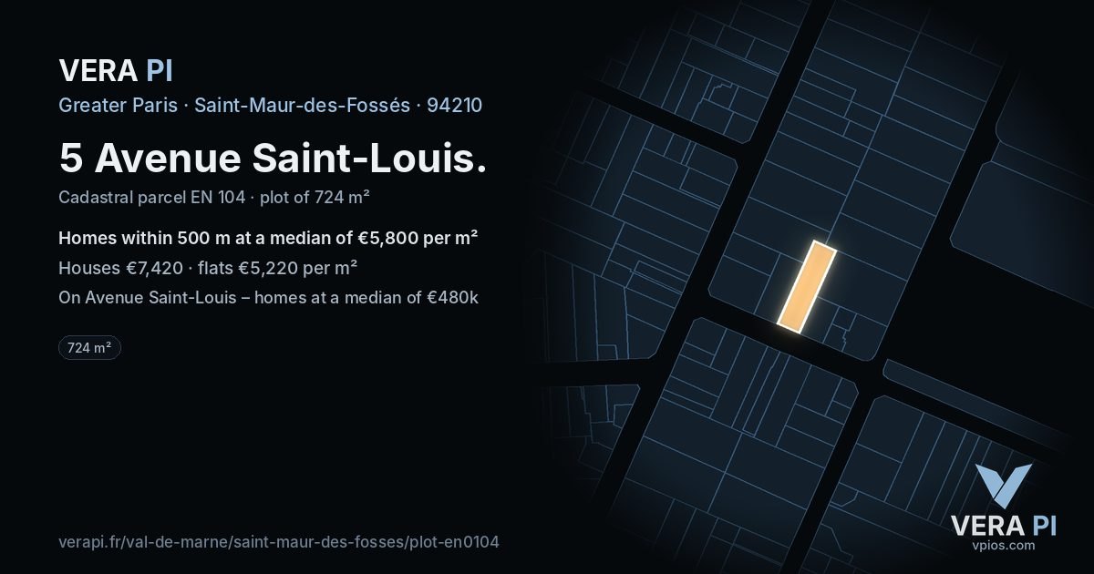 5 Avenue Saint-Louis, Saint-Maur-des-Fossés at night – the plot lit, the parcels around coloured by the prices near them