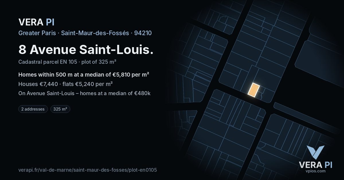 8 Avenue Saint-Louis, Saint-Maur-des-Fossés at night – the plot lit, the parcels around coloured by the prices near them