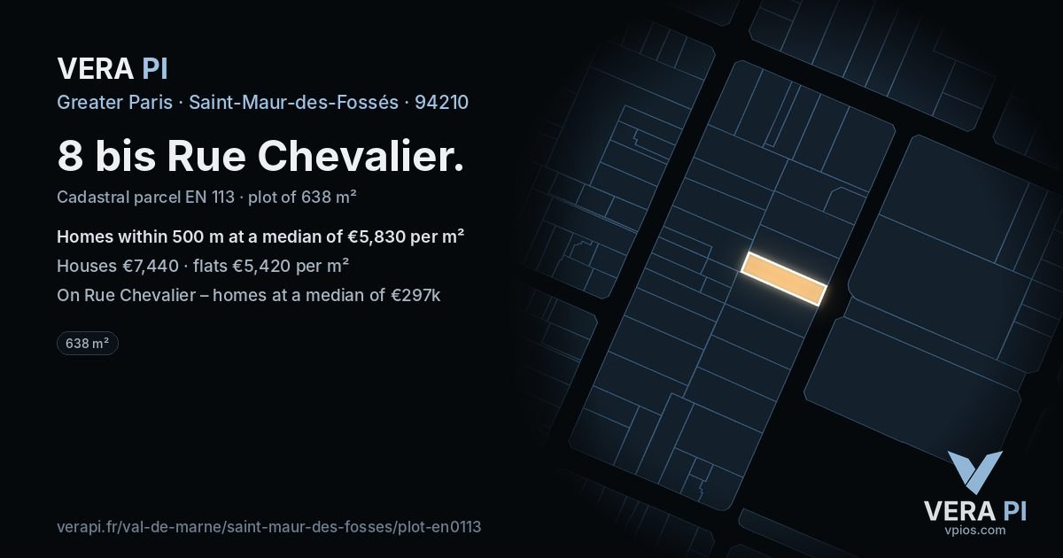 8 bis Rue Chevalier, Saint-Maur-des-Fossés at night – the plot lit, the parcels around coloured by the prices near them