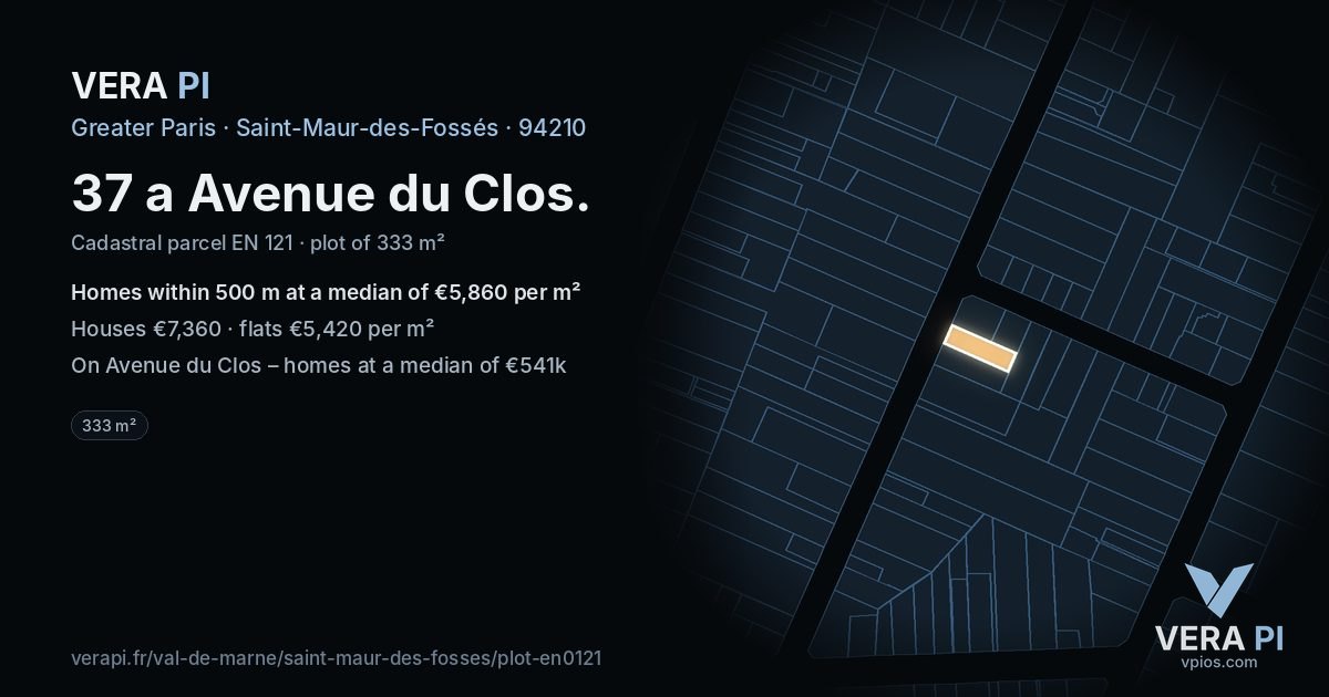 37 a Avenue du Clos, Saint-Maur-des-Fossés at night – the plot lit, the parcels around coloured by the prices near them