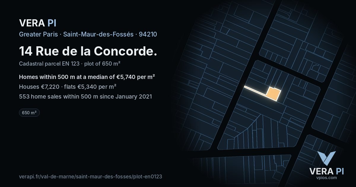 14 Rue de la Concorde, Saint-Maur-des-Fossés at night – the plot lit, the parcels around coloured by the prices near them