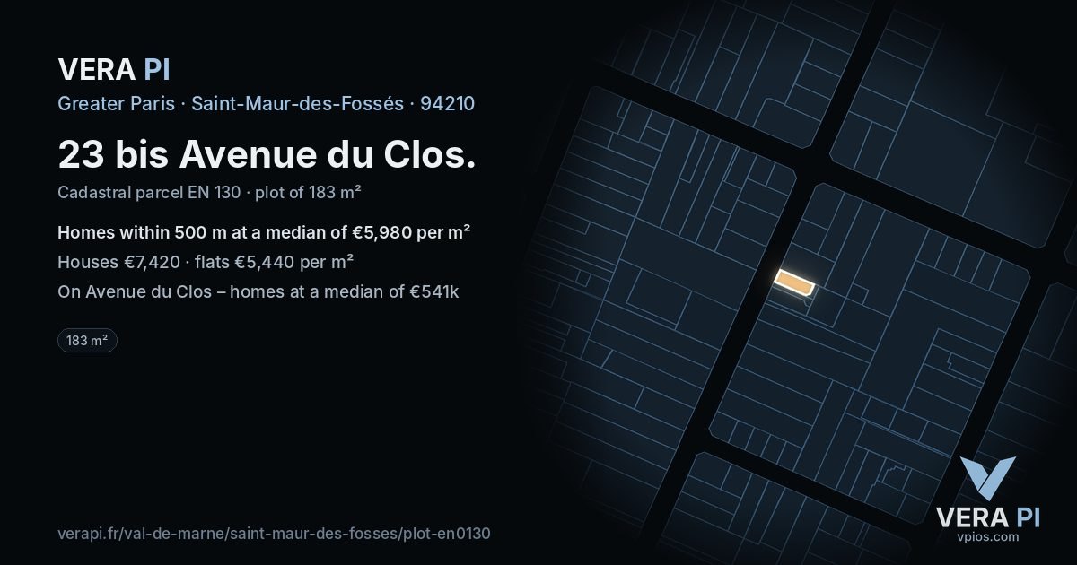 23 bis Avenue du Clos, Saint-Maur-des-Fossés at night – the plot lit, the parcels around coloured by the prices near them