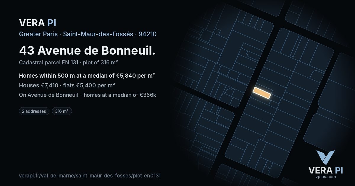 43 Avenue de Bonneuil, Saint-Maur-des-Fossés at night – the plot lit, the parcels around coloured by the prices near them