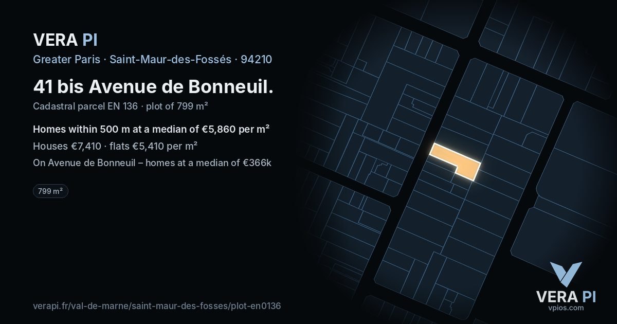 41 bis Avenue de Bonneuil, Saint-Maur-des-Fossés at night – the plot lit, the parcels around coloured by the prices near them