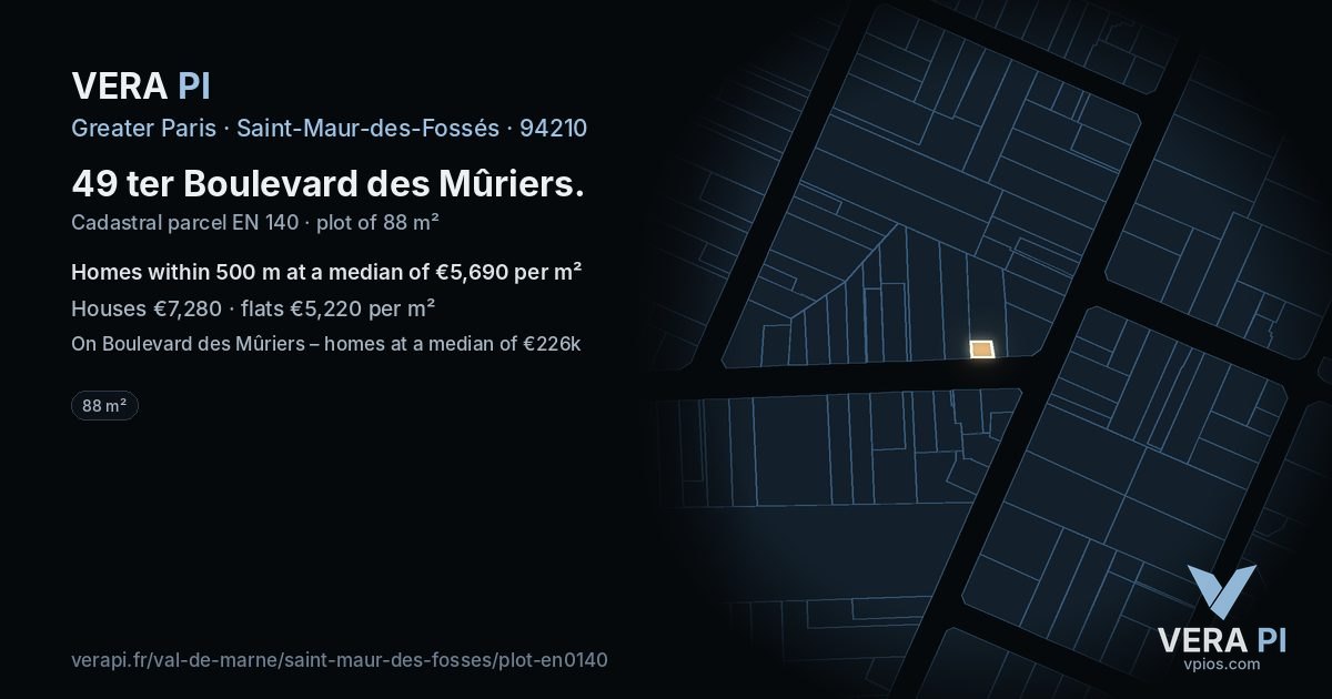 49 ter Boulevard des Mûriers, Saint-Maur-des-Fossés at night – the plot lit, the parcels around coloured by the prices near them
