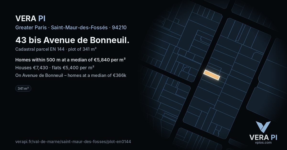 43 bis Avenue de Bonneuil, Saint-Maur-des-Fossés at night – the plot lit, the parcels around coloured by the prices near them