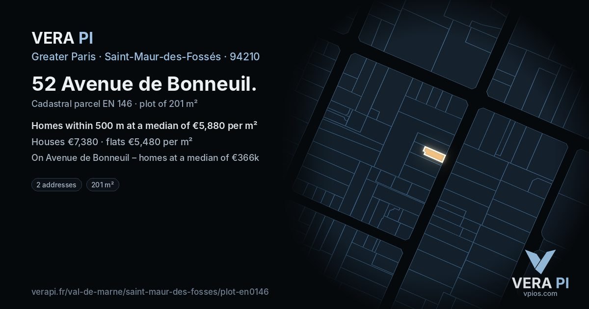 52 Avenue de Bonneuil, Saint-Maur-des-Fossés at night – the plot lit, the parcels around coloured by the prices near them