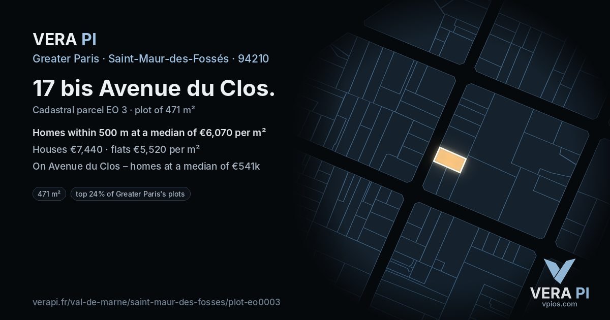 17 bis Avenue du Clos, Saint-Maur-des-Fossés at night – the plot lit, the parcels around coloured by the prices near them