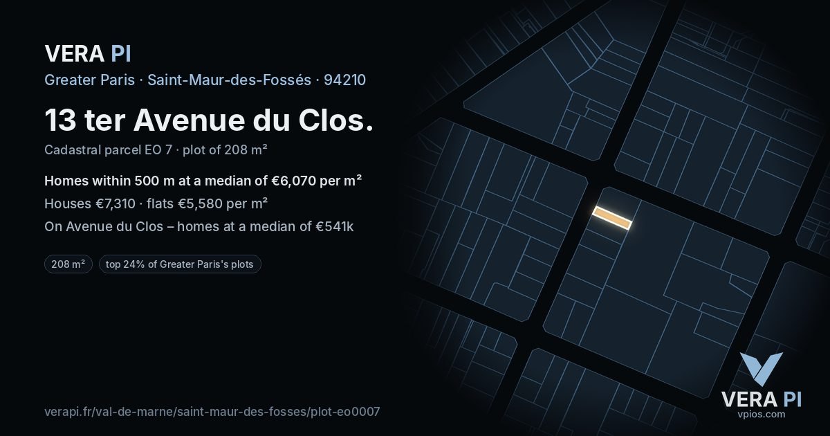 13 ter Avenue du Clos, Saint-Maur-des-Fossés at night – the plot lit, the parcels around coloured by the prices near them