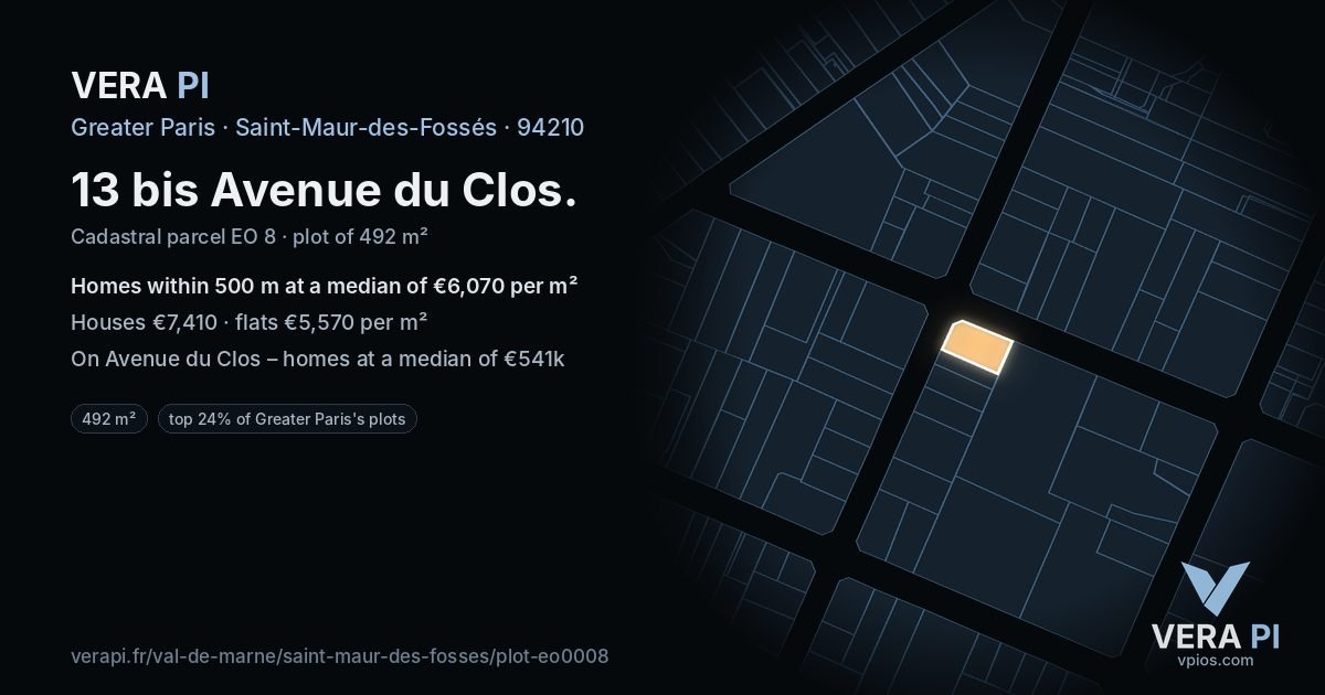 13 bis Avenue du Clos, Saint-Maur-des-Fossés at night – the plot lit, the parcels around coloured by the prices near them