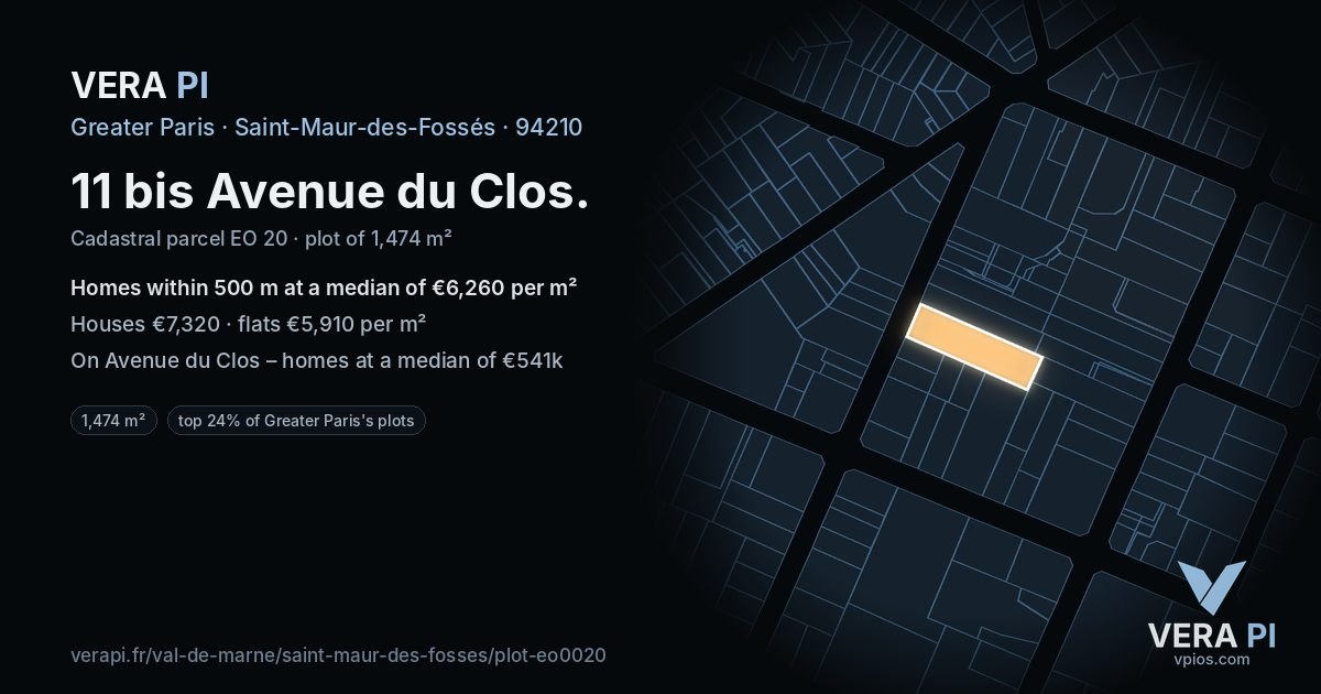 11 bis Avenue du Clos, Saint-Maur-des-Fossés at night – the plot lit, the parcels around coloured by the prices near them