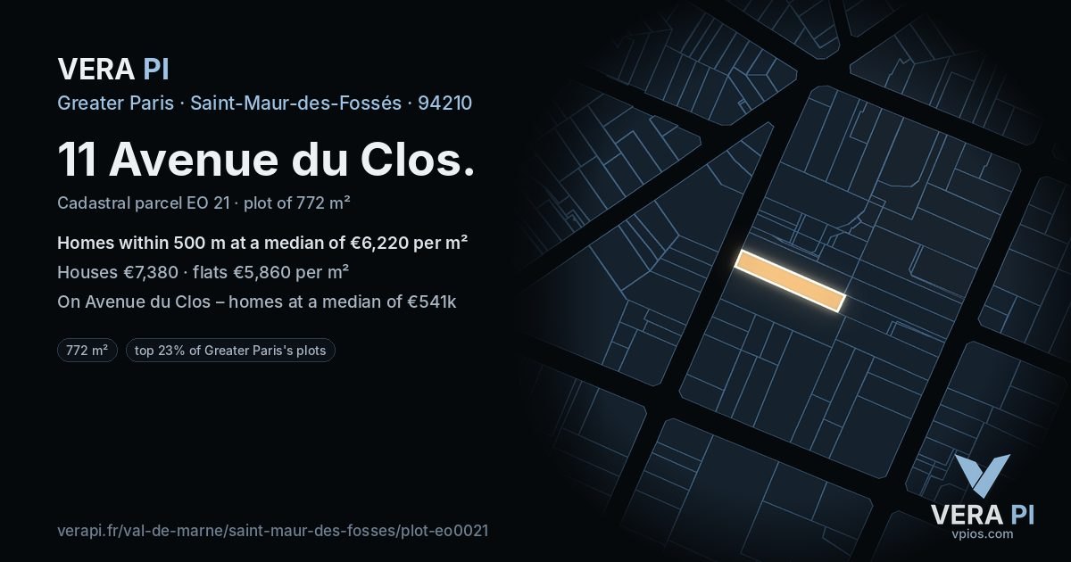11 Avenue du Clos, Saint-Maur-des-Fossés at night – the plot lit, the parcels around coloured by the prices near them