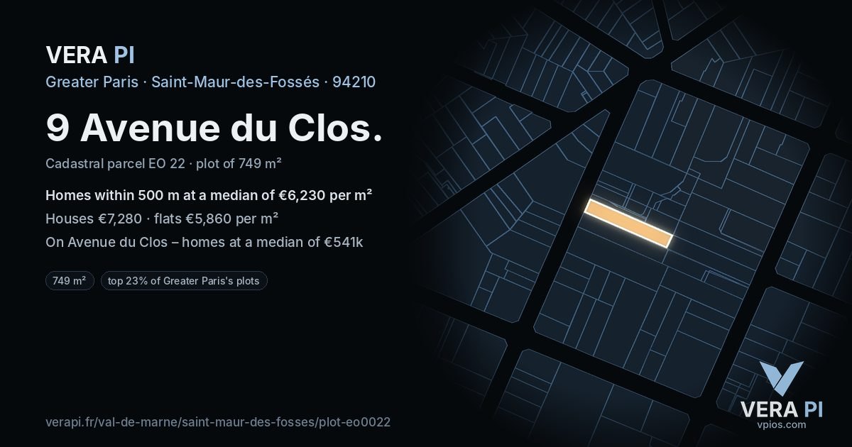 9 Avenue du Clos, Saint-Maur-des-Fossés at night – the plot lit, the parcels around coloured by the prices near them