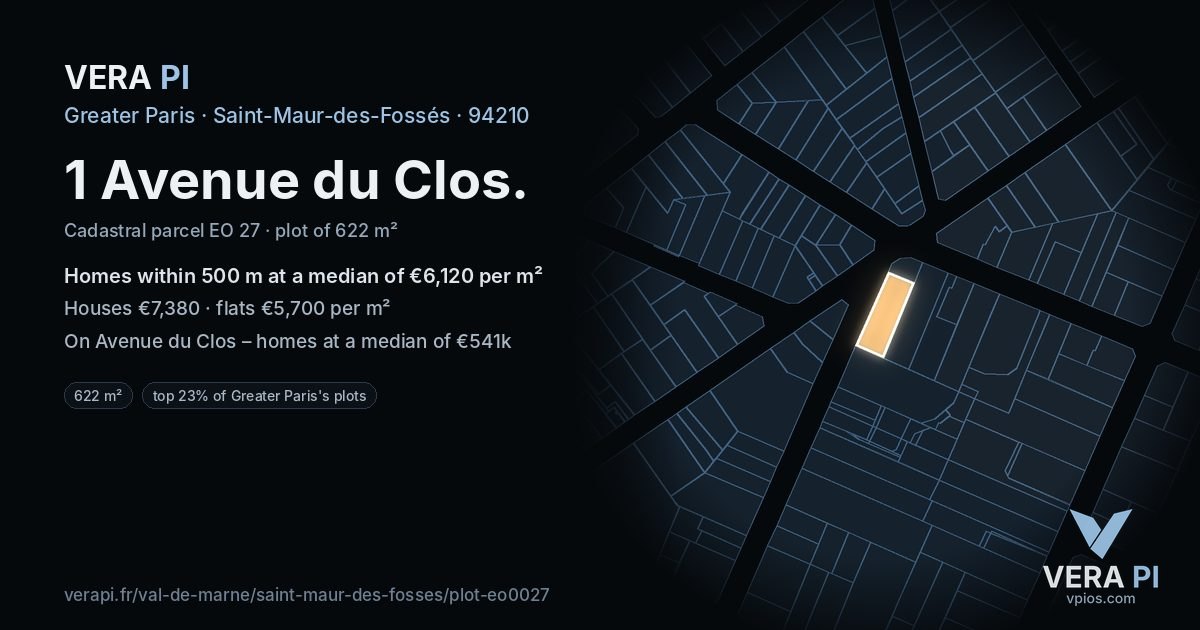 1 Avenue du Clos, Saint-Maur-des-Fossés at night – the plot lit, the parcels around coloured by the prices near them