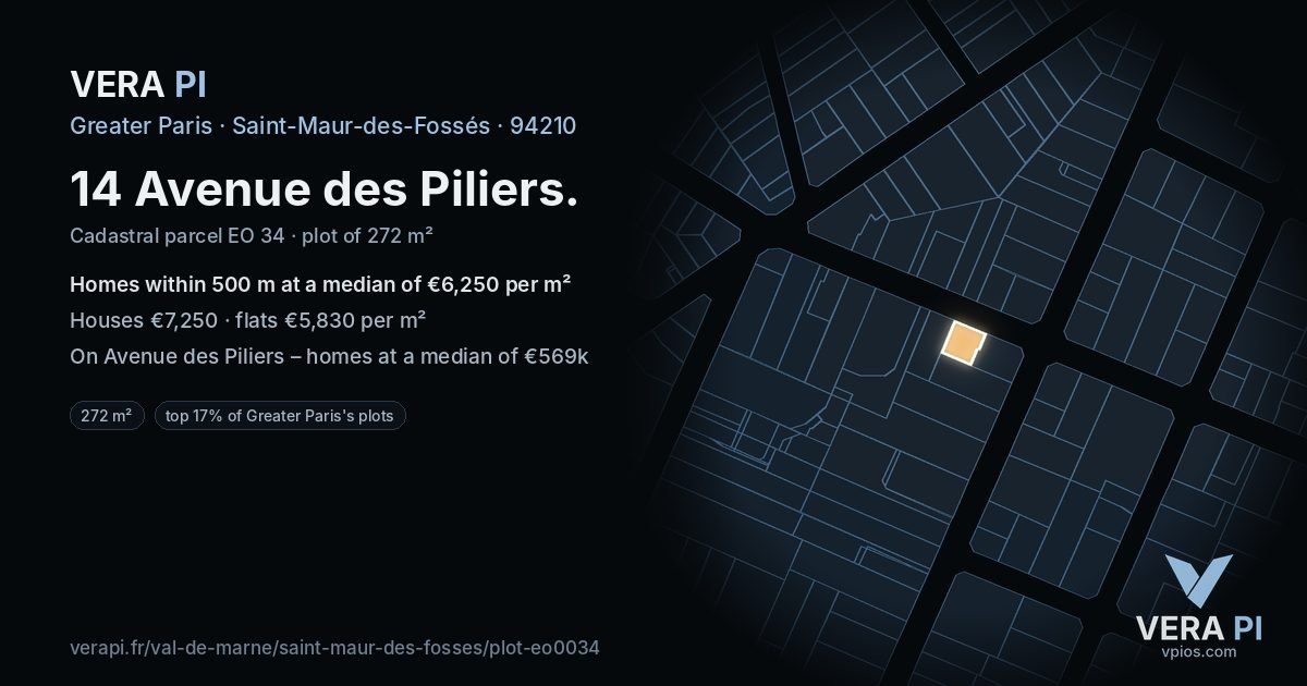 14 Avenue des Piliers, Saint-Maur-des-Fossés at night – the plot lit, the parcels around coloured by the prices near them