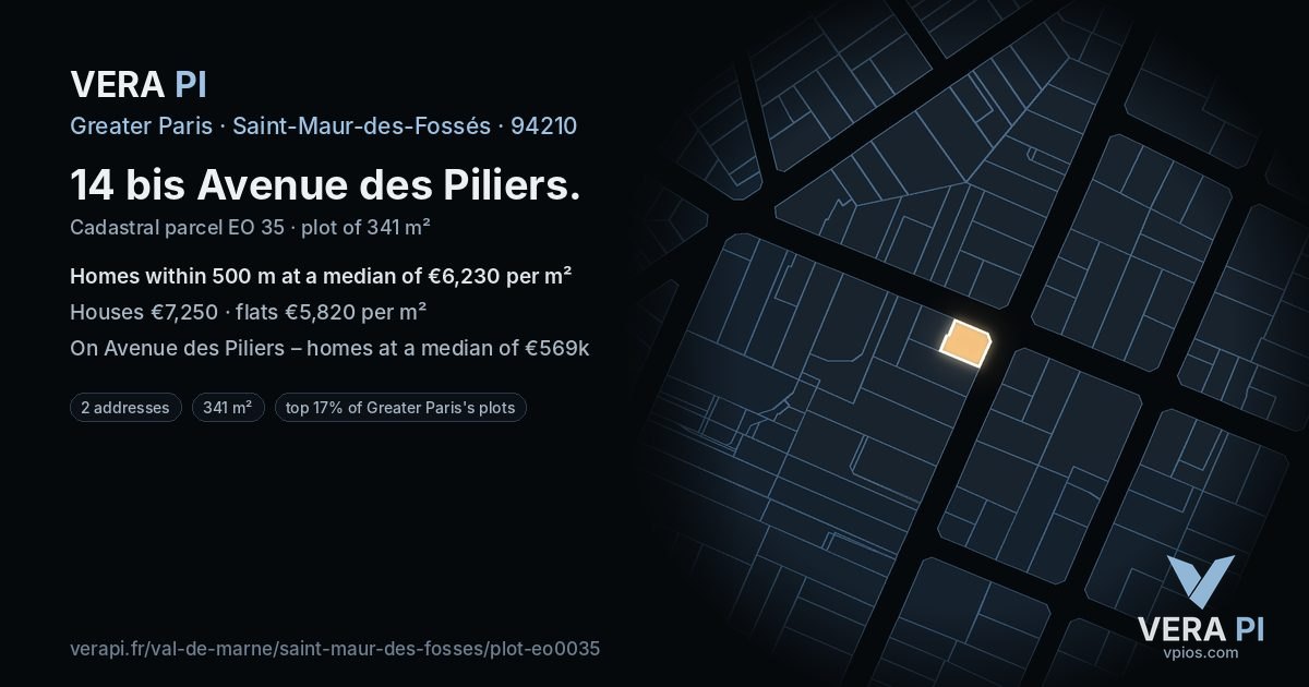 14 bis Avenue des Piliers, Saint-Maur-des-Fossés at night – the plot lit, the parcels around coloured by the prices near them