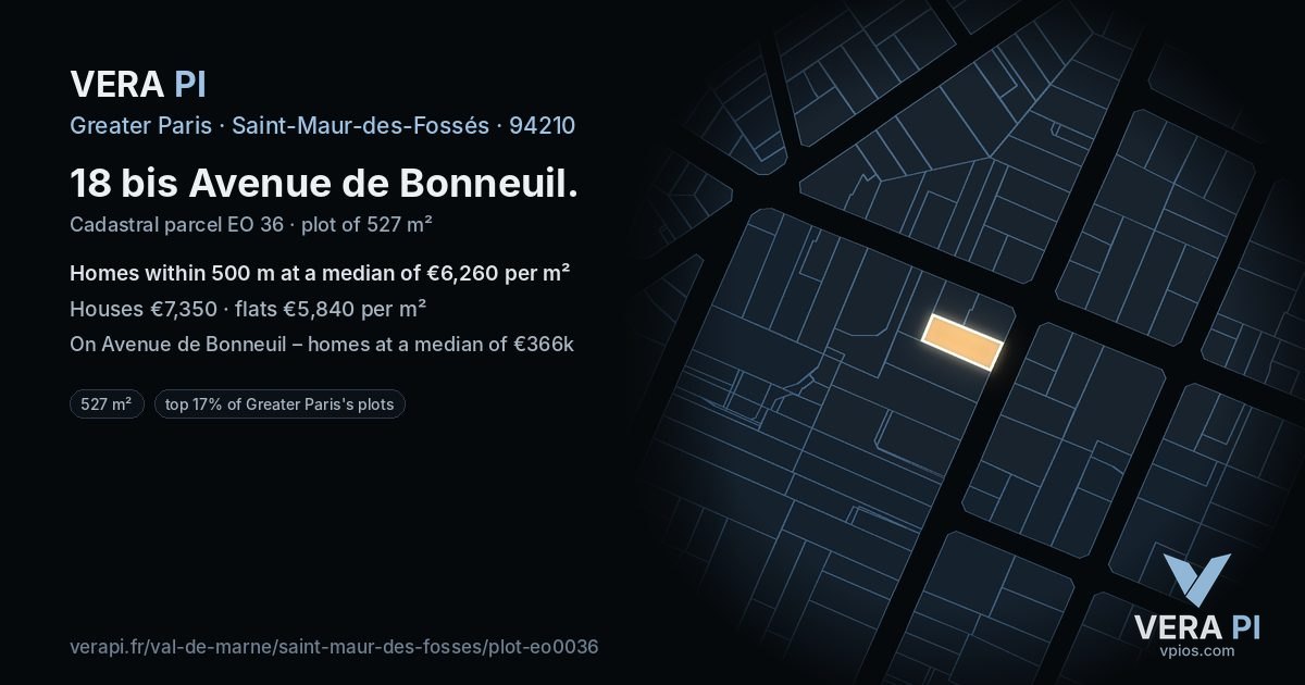 18 bis Avenue de Bonneuil, Saint-Maur-des-Fossés at night – the plot lit, the parcels around coloured by the prices near them