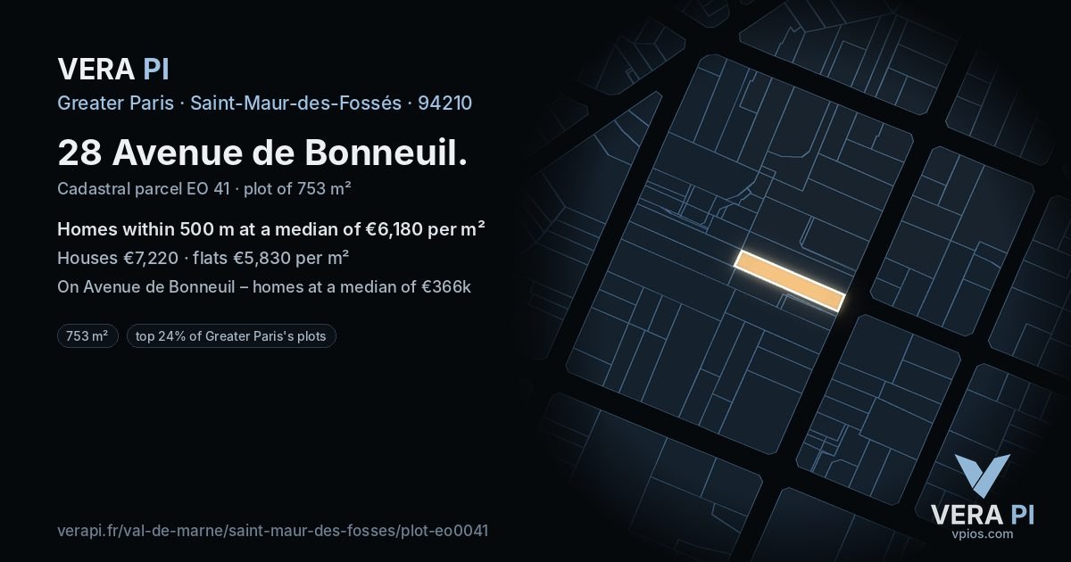 28 Avenue de Bonneuil, Saint-Maur-des-Fossés at night – the plot lit, the parcels around coloured by the prices near them
