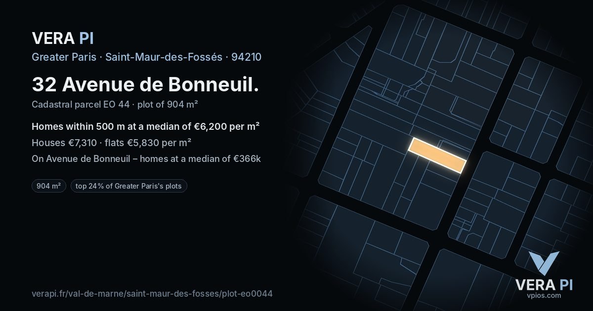 32 Avenue de Bonneuil, Saint-Maur-des-Fossés at night – the plot lit, the parcels around coloured by the prices near them