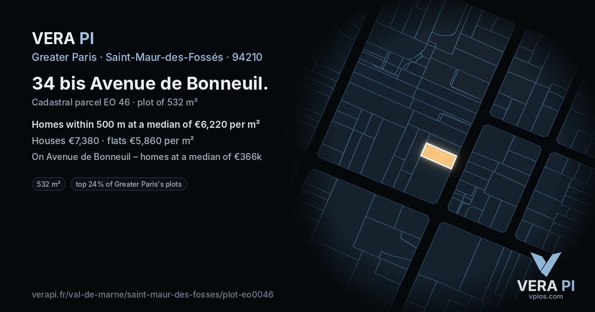 34 bis Avenue de Bonneuil, Saint-Maur-des-Fossés at night – the plot lit, the parcels around coloured by the prices near them