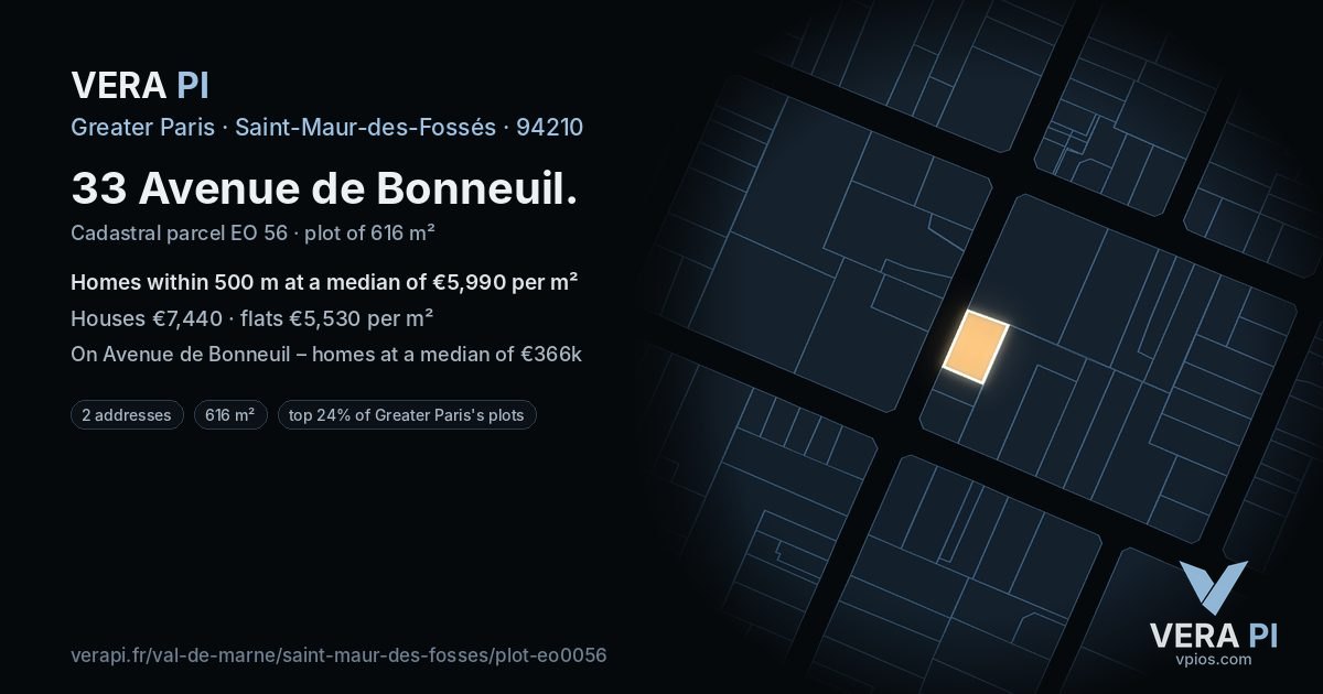 33 Avenue de Bonneuil, Saint-Maur-des-Fossés at night – the plot lit, the parcels around coloured by the prices near them