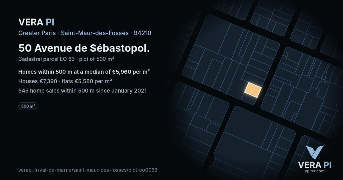 50 Avenue de Sébastopol, Saint-Maur-des-Fossés at night – the plot lit, the parcels around coloured by the prices near them