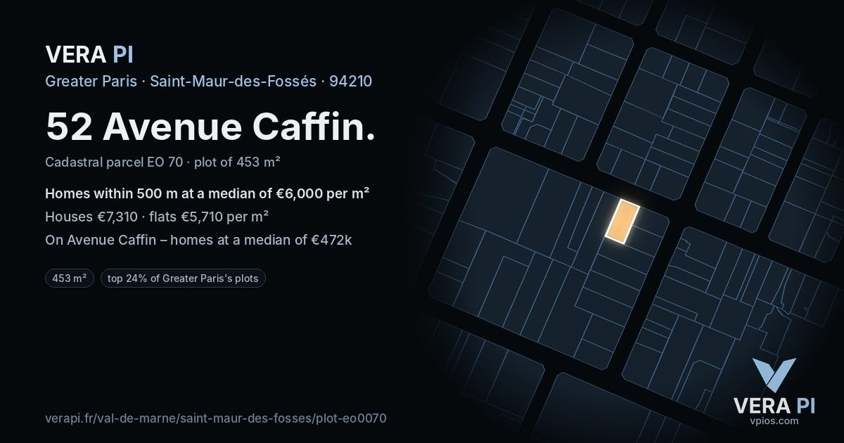 52 Avenue Caffin, Saint-Maur-des-Fossés at night – the plot lit, the parcels around coloured by the prices near them
