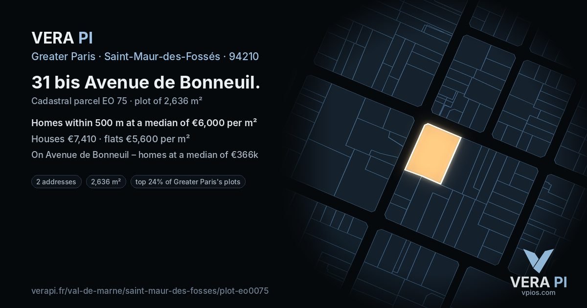 31 bis Avenue de Bonneuil, Saint-Maur-des-Fossés at night – the plot lit, the parcels around coloured by the prices near them