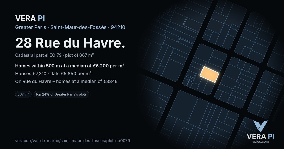 28 Rue du Havre, Saint-Maur-des-Fossés at night – the plot lit, the parcels around coloured by the prices near them