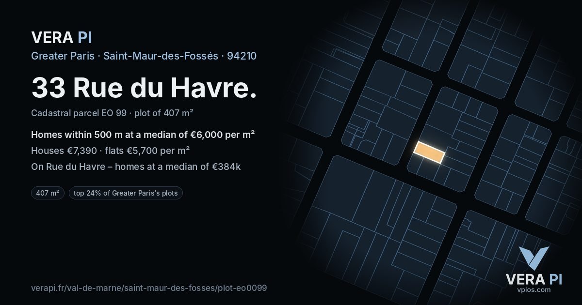 33 Rue du Havre, Saint-Maur-des-Fossés at night – the plot lit, the parcels around coloured by the prices near them