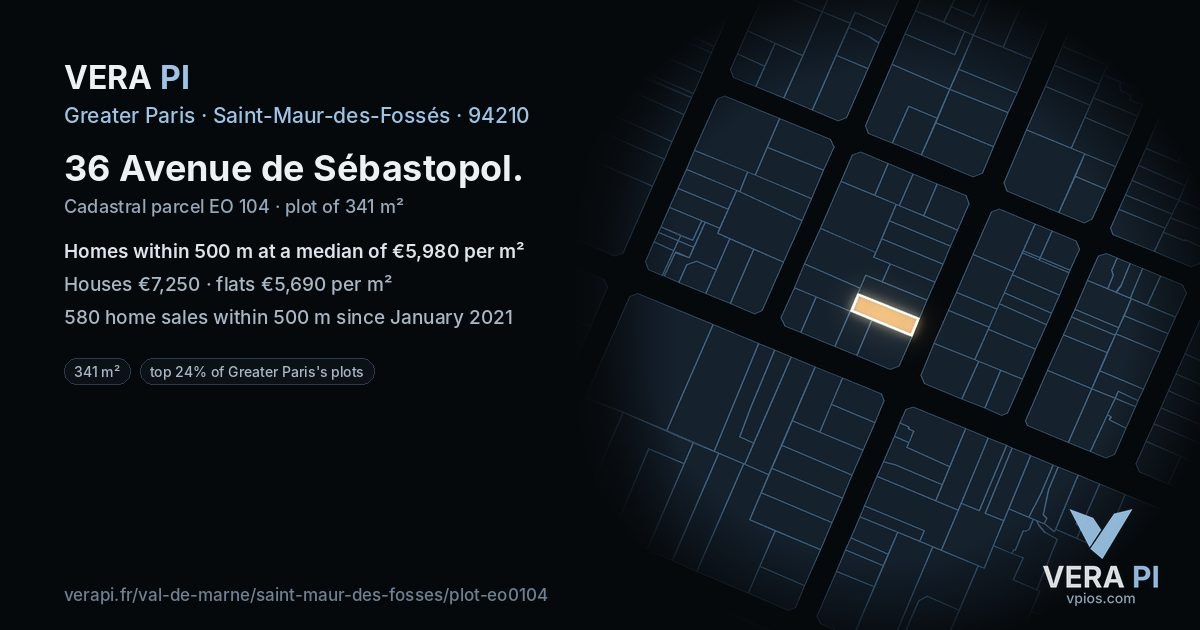 36 Avenue de Sébastopol, Saint-Maur-des-Fossés at night – the plot lit, the parcels around coloured by the prices near them