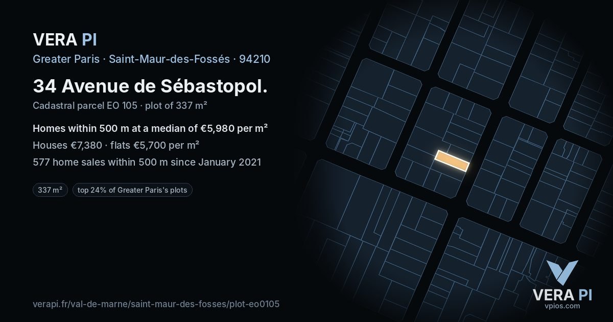 34 Avenue de Sébastopol, Saint-Maur-des-Fossés at night – the plot lit, the parcels around coloured by the prices near them