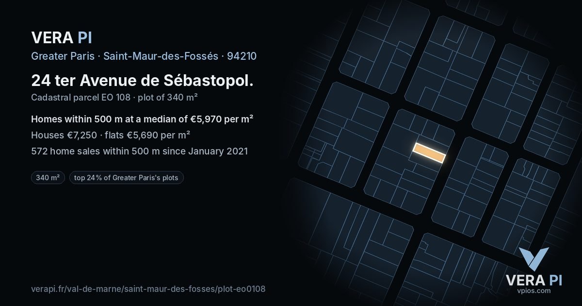 24 ter Avenue de Sébastopol, Saint-Maur-des-Fossés at night – the plot lit, the parcels around coloured by the prices near them