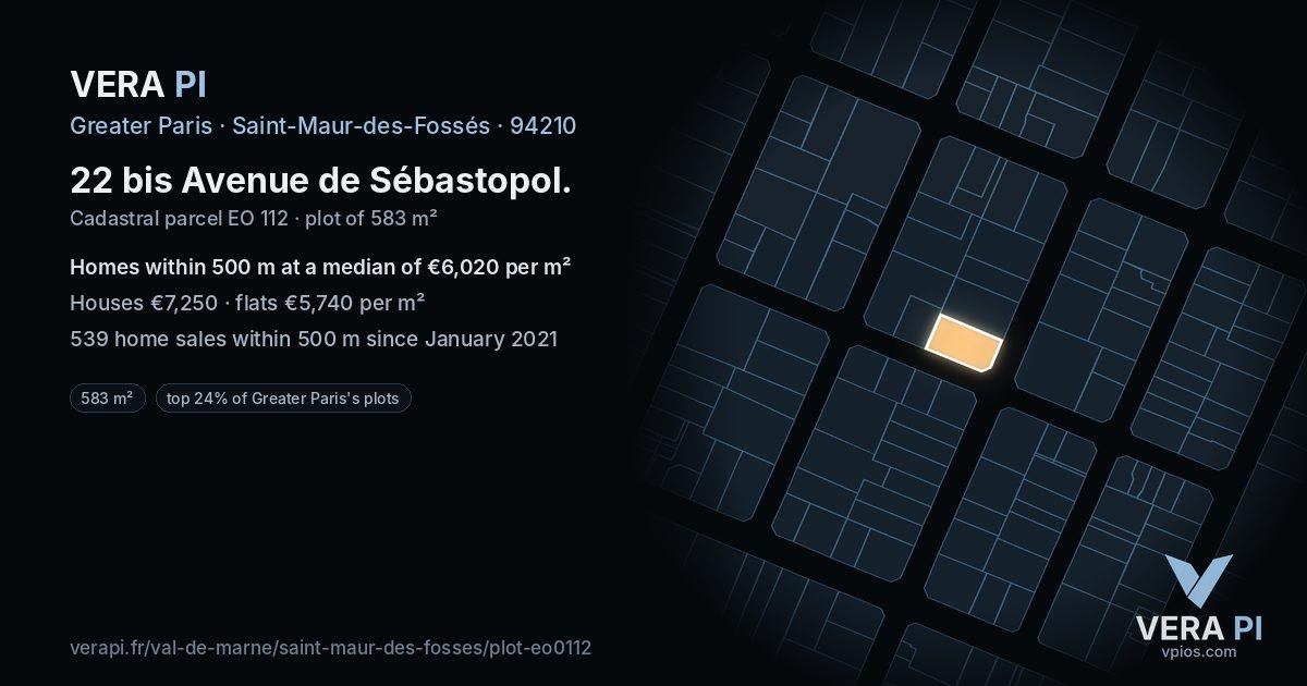 22 bis Avenue de Sébastopol, Saint-Maur-des-Fossés at night – the plot lit, the parcels around coloured by the prices near them
