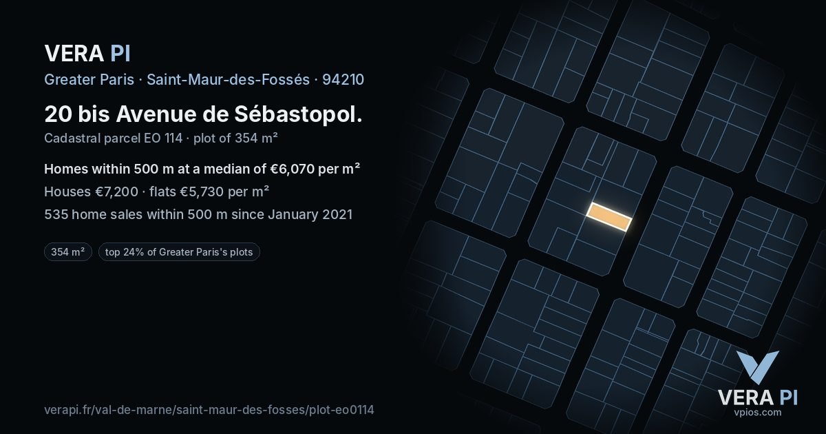 20 bis Avenue de Sébastopol, Saint-Maur-des-Fossés at night – the plot lit, the parcels around coloured by the prices near them