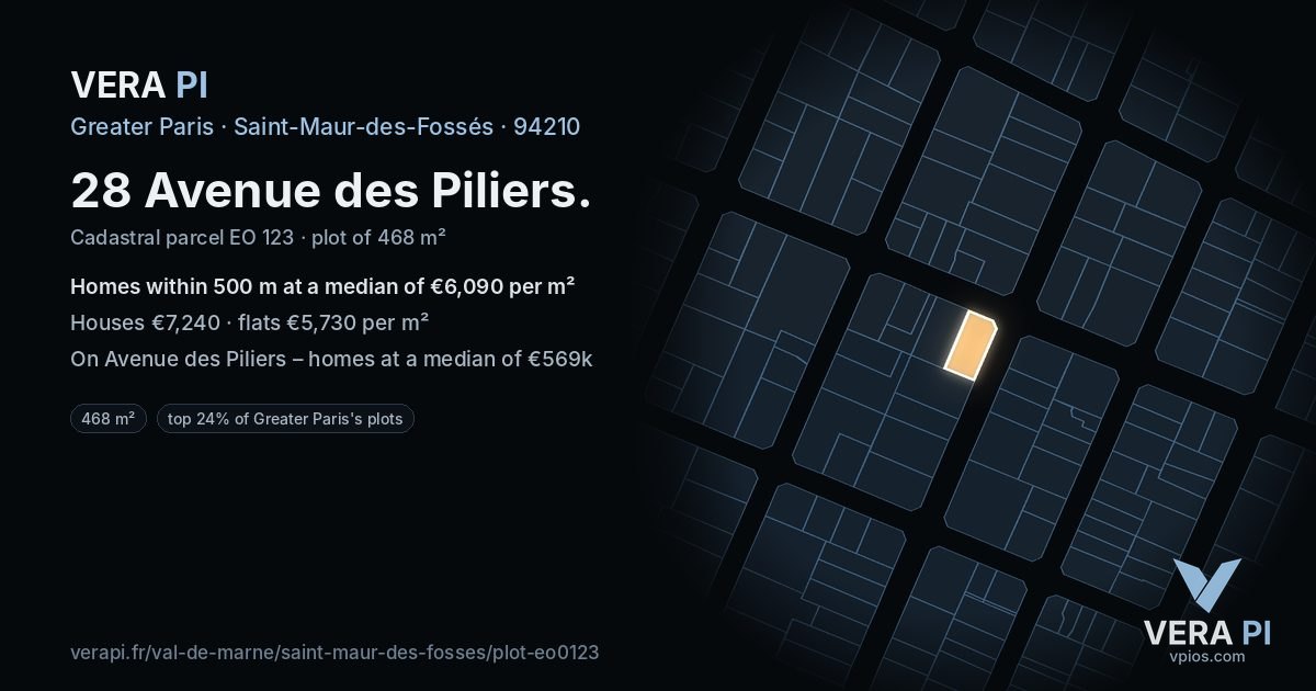 28 Avenue des Piliers, Saint-Maur-des-Fossés at night – the plot lit, the parcels around coloured by the prices near them