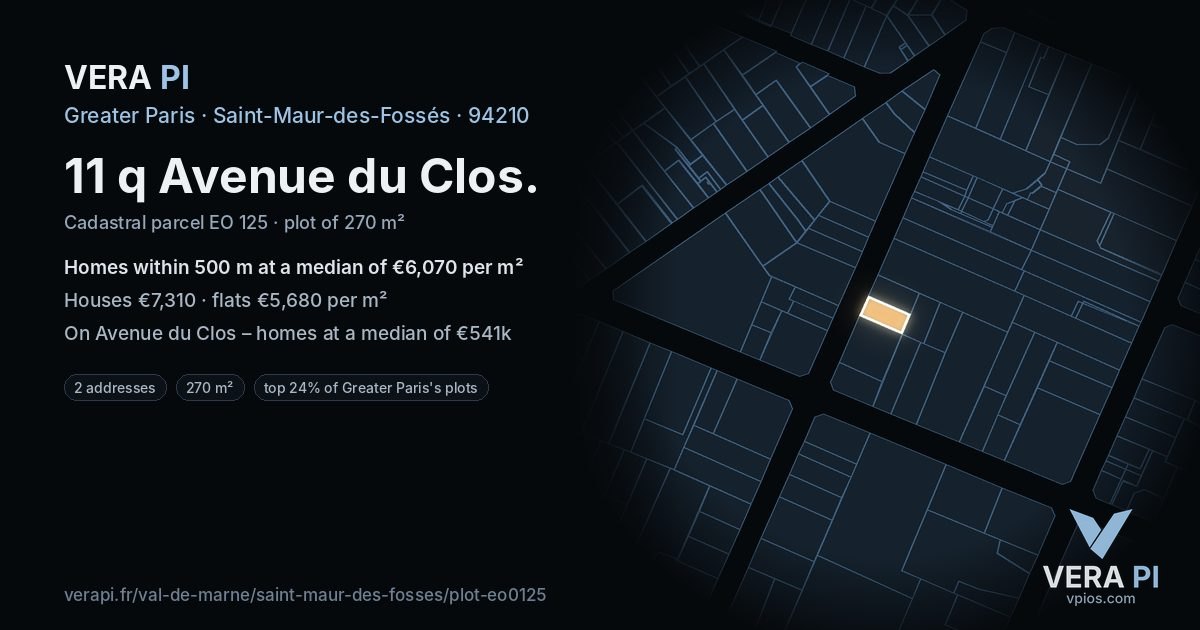 11 q Avenue du Clos, Saint-Maur-des-Fossés at night – the plot lit, the parcels around coloured by the prices near them