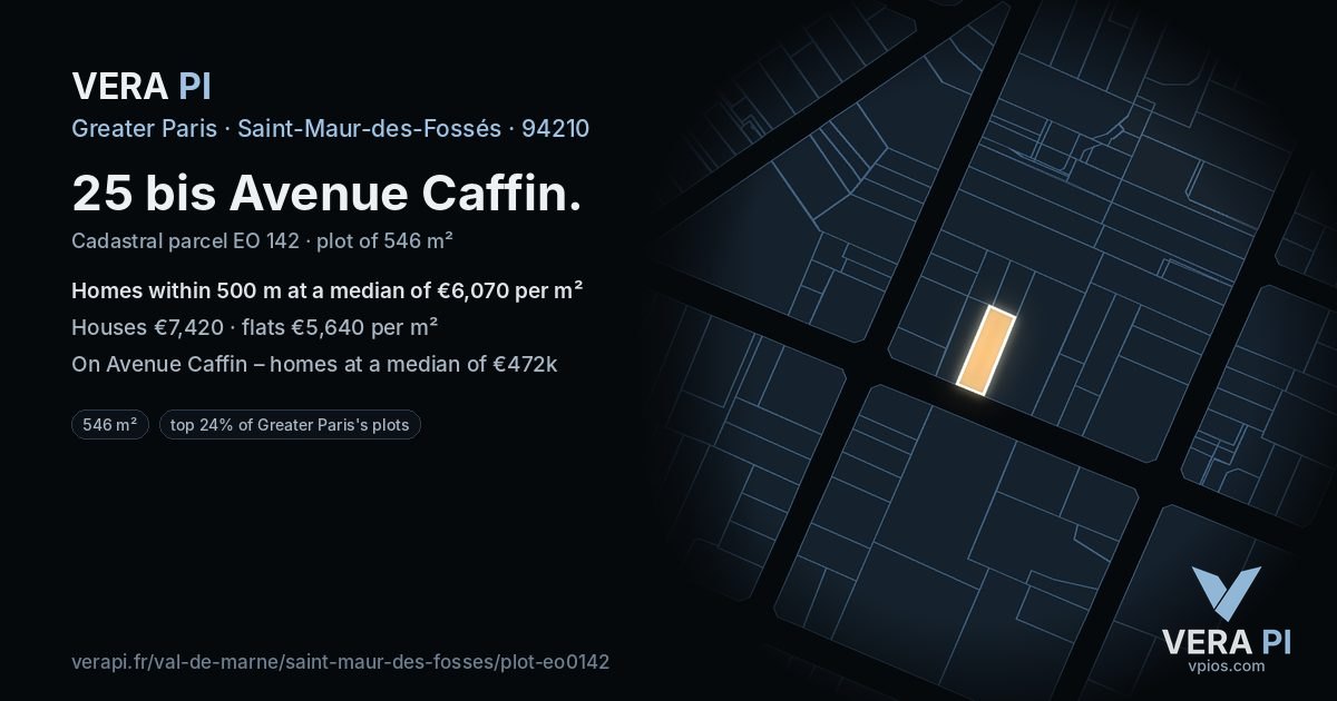 25 bis Avenue Caffin, Saint-Maur-des-Fossés at night – the plot lit, the parcels around coloured by the prices near them