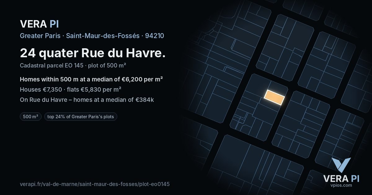24 quater Rue du Havre, Saint-Maur-des-Fossés at night – the plot lit, the parcels around coloured by the prices near them