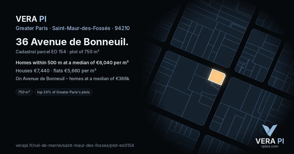 36 Avenue de Bonneuil, Saint-Maur-des-Fossés at night – the plot lit, the parcels around coloured by the prices near them