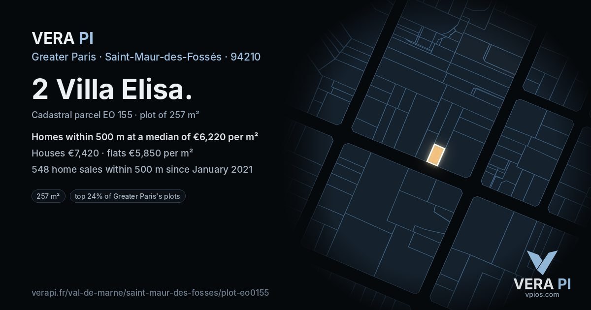 2 Villa Elisa, Saint-Maur-des-Fossés at night – the plot lit, the parcels around coloured by the prices near them