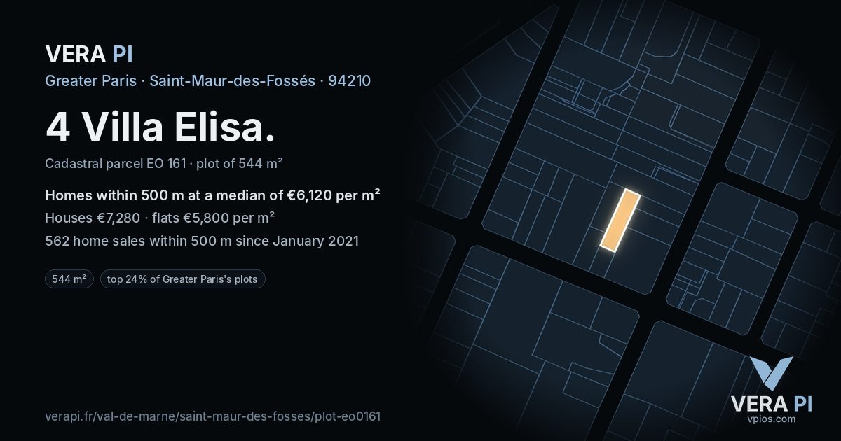 4 Villa Elisa, Saint-Maur-des-Fossés at night – the plot lit, the parcels around coloured by the prices near them